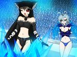  black_hair blue_eyes blue_hair breasts cleavage moaizmoai panties pantyshot red_eyes underwear 