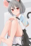  1girl animal_ears bangs barefoot bloomers blue_capelet blush capelet collared_shirt commentary_request dakuazu dress expressionless foot_out_of_frame grey_dress grey_hair highres long_sleeves looking_at_viewer mouse_ears mouse_girl mouse_tail nazrin paid_reward_available red_eyes shirt short_hair soles solo tail toes touhou underwear white_bloomers white_shirt 