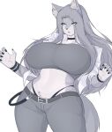  alldropped anthro big_breasts black_nails blouse blue_eyes bottomwear bracelet breasts canid canine canis clothed clothing collar colored_nails curvy_figure female fingers fur gezo_(alldropped) grey_body grey_fur grey_hair hair hi_res huge_breasts jewelry mammal multicolored_body multicolored_fur nails pants shirt simple_background solo thong topwear underwear voluptuous white_background white_body white_fur wide_hips wolf 