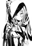  1girl beatrix_(kage_no_jitsuryokusha_ni_naritakute!) breasts cleavage cloak closed_mouth feet_out_of_frame from_above gloves greyscale hair_between_eyes highres holding holding_sword holding_weapon hood hood_up hooded_cloak jewelry kage_no_jitsuryokusha_ni_naritakute! katana light_smile long_hair looking_at_viewer midriff monochrome nakanishi_kazuya necklace over_shoulder pendant short_shorts shorts simple_background single_thighhigh solo standing sword thighhighs thighlet weapon weapon_over_shoulder white_background 