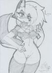  2022 anthro arm_tuft blush bodily_fluids bottomless breasts canid canid_demon canine clothed clothing collar demon elbow_tuft female fur genital_fluids genitals graphite_(artwork) hair hand_on_hip hellhound helluva_boss holding_object holding_phone innie_pussy legwear looking_at_viewer loona_(helluva_boss) lunaris_parukia mammal navel phone piercing pussy pussy_juice shoulder_tuft solo spiked_collar spikes thigh_highs traditional_media_(artwork) tuft 