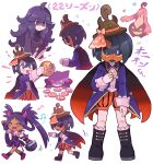  1boy 2girls @_@ ahoge allister_(fall_2022)_(pokemon) allister_(pokemon) basket brown_headwear candy chiimako closed_eyes dark-skinned_female dark_skin dress fake_horns fake_tail fake_wings fangs flying_sweatdrops food gengar gourgeist hex_maniac_(pokemon) highres horns iris_(fall_2022)_(pokemon) iris_(pokemon) lollipop mask multiple_girls multiple_views musical_note notice_lines official_alternate_costume open_mouth pokemon pokemon_(creature) pokemon_(game) pokemon_masters_ex pokemon_xy purple_dress purple_hair standing star_(symbol) tail teeth wings 