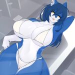  alldropped alloy_(character) anthro big_breasts bikini blue_body blue_fur blue_hair breasts canid canine canis clothed clothing female fur hair hi_res kemono mammal multicolored_body multicolored_fur solo swimwear tongue tongue_out white_body white_fur yellow_eyes 