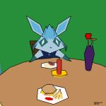  2022 3d_(artwork) ambiguous_gender blue_body blue_fur burger candle chair clothed clothed_feral clothing digital_media_(artwork) eeveelution feral flower food fries fur furniture generation_4_pokemon glaceon gloves_(marking) green_body green_eyes green_fur ketchup looking_at_viewer low_poly low_res markings mega_kot nintendo plant plate pokemon pokemon_(species) sitting solo table vase 