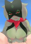  &lt;3 &lt;3_eyes ambiguous_gender anthro big_breasts breast_play breasts claws clothing disembodied_hand erection felid feline female female_on_human first_person_view fur generation_9_pokemon genitals green_body green_fur human human_on_anthro human_pov interspecies looking_at_viewer male male/female male_on_anthro mammal mask meowscarada mostly_nude nintendo nipples nude open_mouth outside penis pokemon pokemon_(species) pokephilia red_eyes sex sky solo titfuck white-stripes 