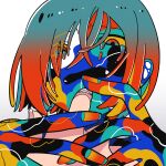  1girl 1other aqua_eyes aqua_hair bangs colored_sclera colored_skin colorful crying crying_with_eyes_open eyes_visible_through_hair fingernails gradient_eyes gradient_hair hair_over_one_eye long_bangs looking_at_viewer multicolored_eyes multicolored_hair multicolored_skin open_mouth original portrait red_eyes red_hair short_hair simple_background tears two-tone_hair white_background wokichi yellow_sclera 