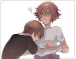  2boys ? black_shirt blush brown_eyes brown_hair confused crying_child_(fnaf) embarrassed five_nights_at_freddy&#039;s five_nights_at_freddy&#039;s:_security_breach five_nights_at_freddy&#039;s_4 gregory_(fnaf) hair_between_eyes highres long_sleeves m_xsps male_child male_focus multiple_boys parted_lips shirt short_sleeves sweat white_background yaoi 