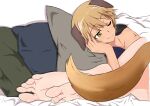  2girls absurdres animal_ears barefoot bed blonde_hair blush breasts brown_eyes cleavage closed_mouth dog_ears edytha_rossmann feet fox_tail highres hty1803063037 large_breasts looking_at_another multiple_girls on_bed one_eye_closed short_hair smile soles tail toes waltrud_krupinski world_witches_series yuri 