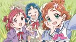  3girls aqua_eyes blue_hair closed_eyes flask00 flower go!_princess_precure grass hair_flower hair_ornament hand_on_own_cheek hand_on_own_face haruno_haruka heartcatch_precure! highres kurumi_erika long_hair multiple_girls orange_hair pink_eyes pink_hair precure school_uniform serafuku thick_eyebrows yes!_precure_5 yumehara_nozomi 