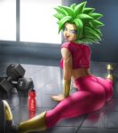  1girl absurdres arm_support ass blue_eyes boots character_name dragon_ball dragon_ball_super earrings elite_nappa from_behind green_hair gym highres jewelry kefla_(dragon_ball) leggings looking_at_viewer midriff on_floor open_mouth potara_earrings smile split spread_legs super_saiyan tank_top tongue tongue_out weights 