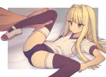  1boy 1girl bangs black_thighhighs blonde_hair blue_eyes blunt_bangs buruma cameltoe collarbone commentary_request commission everyntrge eyebrows_hidden_by_hair full_body gym_uniform hair_intakes hair_spread_out hime_cut holding_another&#039;s_leg long_hair looking_at_another lying mary_janes on_back original parted_lips shirt shoes size_difference skeb_commission solo_focus spread_legs sweatdrop thighhighs thighs tsurime white_shirt 