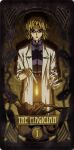  1girl akagi_ritsuko alchemy belt belt_buckle blonde_hair blue_shirt buckle card chemistry earrings fire flame glasses green_eyes highres jewelry labcoat machine medium_hair neon_genesis_evangelion non-web_source semi-rimless_eyewear shirt tarot test_tube the_magician_(tarot) zipper 