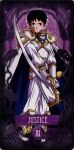  1boy armor armored_boots boots brown_eyes brown_hair cape card collar highres holding holding_sword holding_weapon ikari_shinji justice_(tarot) knight neon_genesis_evangelion non-web_source pants short_hair sword tarot weapon white_pants 