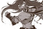  1girl 4dango alternate_muscle_size arm_armor criss-cross_halter cropped_legs dehya_(genshin_impact) evil_smile genshin_impact halterneck long_hair monochrome muscular muscular_female open_mouth punching smile solo wide-eyed 