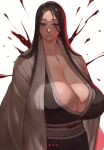  1girl absurdres alternate_breast_size black_eyes black_hair bleach bleach:_the_thousand-year_blood_war blood blood_splatter breasts cleavage closed_mouth half-closed_eyes highres huge_breasts ibuo_(ibukht1015) japanese_clothes light_frown long_hair solo unohana_retsu white_background 