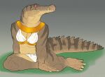  anthro brown_body brown_scales claws clothed clothing crocodile crocodilian crocodylid female hi_res looking_aside membrane_(anatomy) partially_clothed reptile scales scalie sharp_teeth silenceartwork sitting skimpy solo teeth topwear underwear webbed_feet webbed_hands 