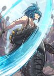  1girl ammunition_belt black_gloves black_pants black_tank_top blue_eyes blue_hair boots breasts combat_boots earrings from_below gloves highres jewelry jyakai leona_heidern pants perspective ponytail slashing sleeveless solo tank_top the_king_of_fighters the_king_of_fighters_xiii tree water waterfall 