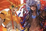  2boys black_hair blue_eyes camazotz_(fate) cyborg dark-skinned_male dark_skin eeju fate/grand_order fate_(series) headdress highres hiyama_nobuyuki long_hair male_focus multiple_boys orange_hair shishiou_gai tattoo twitter_username voice_actor_connection white_background yuusha_ou_gaogaigar yuusha_series 