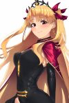  1girl bangs black_dress blonde_hair blush bouhatei_(t-back) breasts cape detached_collar dress earrings ereshkigal_(fate) fate/grand_order fate_(series) gold_trim hair_ribbon highres hood hooded_cape hoop_earrings jewelry long_hair looking_at_viewer medium_breasts parted_bangs red_eyes ribbon short_dress single_sleeve smile solo spine tiara two_side_up 