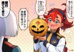  2girls ahoge aqua_eyes artist_logo asticassia_school_uniform bangs black_hairband blush commentary gundam gundam_hathaway&#039;s_flash gundam_suisei_no_majo hairband holding holding_mask jack-o&#039;-lantern jack-o&#039;-lantern_head long_hair low-tied_long_hair low_ponytail mafti_nabiyu_erin mask miorine_rembran multiple_girls polka_dot polka_dot_background poyoyon_chihiro pumpkin_mask red_hair school_uniform signature speech_bubble suletta_mercury talking translation_request upper_body white_hair 