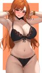  1girl :q absurdres arms_up ass_visible_through_thighs bare_shoulders black_bra black_panties blush bra breasts brown_eyes cowboy_shot earrings edmun groin heart heart-shaped_pupils highres jewelry large_breasts lingerie long_hair looking_at_viewer nami_(one_piece) navel navel_piercing one_piece orange_hair panties piercing shoulder_tattoo smile solo stomach sweat symbol-shaped_pupils tattoo thighs tongue tongue_out underwear underwear_only 
