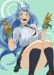  1girl :d absurdres blue_eyes blue_hair boku_no_hero_academia collared_shirt commentary_request drill_hair fengling_(furin-jp) floating gloves green_skirt hadou_nejire hair_horns hands_up highres kneehighs loafers long_hair looking_at_viewer necktie open_mouth pleated_skirt red_necktie revision school_uniform shirt shoes skirt smile socks solo twin_drills u.a._school_uniform v very_long_hair white_shirt yellow_gloves 