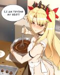  1girl absurdres apron armband ass back black_choker blonde_hair blush bowl breasts chocolate choker cleavage crown earrings english_text ereshkigal_(fate) fate/grand_order fate_(series) highres holding holding_bowl holding_whisk hyperbudd jewelry long_hair looking_at_viewer looking_to_the_side naked_apron red_eyes solo tearing_up two_side_up whisk 