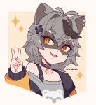  1girl animal_ears black_choker border cat_ears cat_girl choker cremanata ear_piercing earrings fang grey_hair grey_shirt highres jewelry medium_hair open_mouth orange_eyes original piercing portrait shirt simple_background snuffy_(vtuber) v white_border 