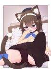  1girl :o alarm_clock animal_ear_fluff animal_ears ayanepuna bangs bed beret black_bow black_headwear black_panties black_sailor_collar black_skirt black_thighhighs blue_bow blue_neckerchief blush bow brown_cardigan brown_hair cardigan cat_ears cat_girl cat_tail clock clothes_lift commentary_request commission copyright_request frilled_pillow frills hair_between_eyes hair_ornament hairband hairclip hand_up hat highres long_sleeves lying neckerchief no_shoes on_back on_bed panties parted_lips pillow pleated_skirt purple_eyes sailor_collar school_uniform serafuku shirt skeb_commission skirt skirt_lift sleeves_past_wrists soles solo tail tail_bow tail_ornament thighhighs tissue_box underwear white_hairband white_shirt 