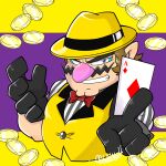  1boy ace_of_diamonds black_gloves blue_eyes bow bowtie brown_hair buttons card cleft_chin coin commentary_request cropped_torso diamond_(shape) facial_hair fedora gloves grey_shirt grin hands_up hat highres holding holding_card lapels looking_at_viewer male_focus multicolored_clothes mustache omu_(sinsindan) playing_card pointy_ears purple_background red_bow red_bowtie shirt short_hair short_sleeves simple_background smile solo striped striped_shirt teeth thick_eyebrows two-tone_background two-tone_shirt upper_body v-shaped_eyebrows vertical-striped_shirt vertical_stripes vest wario warioware white_shirt yellow_background yellow_headwear yellow_vest 