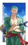  1boy absurdres blue_sky border closed_eyes crossed_arms green_robe highres katana oboro_keisuke one_piece open_mouth red_sash robe roronoa_zoro sash scar scar_across_eye scar_on_chest scar_on_face sky sword teeth weapon white_border 