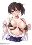  1girl bangs bare_shoulders bikini black_bikini black_hair blue_hakama blush breasts brown_eyes collarbone ebifurya hakama hands_up heavy_breathing highres japanese_clothes kaga_(kancolle) kantai_collection large_breasts looking_at_viewer navel one-hour_drawing_challenge parted_lips side_ponytail simple_background skindentation solo steaming_body strap_gap string_bikini sweat swimsuit twitter_username underboob white_background wide_sleeves 