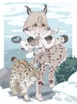  1girl animal_print blush cat_print commentary_request elbow_gloves eurasian_lynx_(kemono_friends) fur_trim gloves green_eyes grey_hair high-waist_skirt highres kemono_friends kunikuni_(kunihiro2005) long_hair lynx lynx_ears lynx_girl lynx_tail magnifying_glass multicolored_hair necktie print_capelet print_gloves print_necktie print_skirt print_thighhighs semi-rimless_eyewear shirt sidelocks skirt solo white_fur white_hair white_mittens white_shirt 