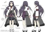  1girl aogiri_penta black_hair facing_viewer from_behind from_side hair_intakes highres holding holding_sword holding_weapon japanese_clothes long_hair long_sleeves low_twintails nikkou_sukezane purple_skirt red_eyes reference_sheet shorts shorts_under_skirt skirt socks sword tachi_(weapon) tenka_hyakken twintails waist_cape weapon white_socks x-ray zouri 