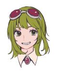  1girl amulet eyewear_on_head green_eyes green_hair grin gumi kappa-bushi-16 medium_hair simple_background smile solo teeth vocaloid white_background 