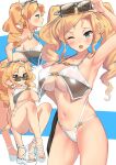  1girl absurdres bangs bikini blonde_hair blue_eyes blush breasts casual_one-piece_swimsuit cleavage collarbone commentary crossed_legs drill_hair eyewear_on_head hand_on_hip headgear highres honolulu_(kancolle) kantai_collection large_breasts long_hair multiple_views navel one-piece_swimsuit one_eye_closed open_mouth osananajimi_neko sandals sidelocks simple_background smile standing sunglasses swimsuit symbol-only_commentary thighhighs toeless_footwear twin_drills twintails two-tone_background white_footwear white_one-piece_swimsuit 
