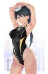  1girl armpits bangs black_hair black_one-piece_swimsuit blue_eyes blurry blurry_background blush breasts closed_mouth collarbone competition_swimsuit hand_over_heart highres houshou_marine kantai_collection looking_at_viewer medium_breasts one-piece_swimsuit outside_border ponytail solo swept_bangs swimsuit wa_(genryusui) yellow_trim 
