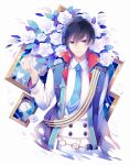  1boy bangs black_hair blue_eyes blue_necktie blue_vest buttons character_request collared_shirt collared_vest commentary_request cropped_legs earrings ensemble_stars! flower hair_between_eyes hand_up hidaka_hokuto highres holding holding_flower jewelry kina_(446964) leaf long_sleeves looking_at_viewer male_focus necktie open_clothes open_vest parted_lips petals picture_frame popped_collar rose sash shirt short_hair shoulder_sash simple_background single_earring smile solo vest white_background white_flower white_rose white_shirt wing_collar 