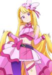  1girl belt_bow blonde_hair braid brooch butterfly_earrings cowboy_shot cure_butterfly earrings highres hijiri_ageha hirogaru_sky!_precure jewelry long_hair magical_girl midriff navel open_mouth pink_eyes pink_headwear pink_nails pink_skirt precure side_braid simple_background single_thighhigh skirt smile solo thighhighs uraki very_long_hair white_background wing_brooch 