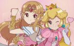  2girls arm_up armor artist_name blonde_hair blue_eyes bracelet chocomiru crown dress earrings gem gloves heart jewelry long_hair looking_at_viewer mario_(series) multiple_girls one_eye_closed pink_background pink_dress pink_shirt pointy_ears princess_peach princess_zelda puffy_short_sleeves puffy_sleeves shirt short_sleeves smile the_legend_of_zelda the_legend_of_zelda:_a_link_between_worlds tiara triforce upper_body white_gloves white_shirt 