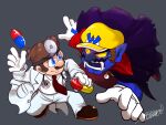  2boys blue_eyes blue_skin brown_footwear brown_hair buttons cape cleft_chin closed_mouth coat collared_cape collared_shirt colored_sclera colored_skin commentary_request dr._mario dr._mario_(game) facial_hair fangs full_body gloves grey_background hat head_mirror highres holding_pill labcoat long_sleeves looking_at_another male_focus mario mario_(series) multiple_boys mustache necktie omu_(sinsindan) open_clothes open_coat open_mouth overalls pants pill pointy_ears purple_cape purple_overalls purple_pants red_eyes red_necktie shirt shoes short_hair short_sleeves signature simple_background smile smirk standing stethoscope teeth v-shaped_eyebrows vampire wario wario_land wario_land_3 white_coat white_gloves white_pants white_shirt yellow_headwear yellow_sclera yellow_shirt 