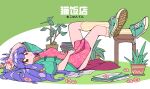  1girl absurdres aqua_footwear breasts chinese_clothes closed_mouth converse flower highres nail_polish notebook pink_flower plant ranma_1/2 retro_artstyle shampoo_(ranma_1/2) solo yaha0079 