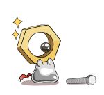  black_eyes commentary_request full_body hands_up highres looking_down meltan nut_(hardware) pokemon screw simple_background sparkle white_background zero_(sleepy_meltan) 