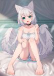  1girl :d absurdres angel angel_wings animal_ear_fluff animal_ears barefoot bed_sheet black_collar blue_scrunchie blue_shorts blush breasts camisole cat_ears cleavage collar collarbone commentary_request cross curtains ear_piercing fang feathered_wings feathers fox_ears full_body green_eyes grey_hair grey_wings hair_ornament hair_scrunchie hairclip halo hand_up highres hinata_(user_rjkt4745) knees_up latin_cross long_hair looking_at_viewer low_twintails medium_breasts original panties piercing scrunchie short_shorts shorts smile solo strap_slip twintails underwear very_long_hair white_camisole white_feathers white_panties wing_hair_ornament wings 