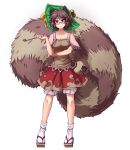  1girl animal_ears bangs brown_footwear brown_hair brown_shirt full_body futatsuiwa_mamizou geta glasses hater_(hatater) highres holding holding_smoking_pipe leaf leaf_on_head looking_at_viewer mysteries_of_eastern_creatures pince-nez raccoon_ears raccoon_girl raccoon_tail shirt short_hair smoking_pipe socks solo standing tail touhou white_socks 