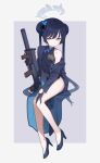  1girl bare_shoulders black_dress black_footwear black_gloves black_hair black_jacket blue_archive breasts butterfly_hair_ornament cs/ls06 double_bun dragon_print dress gloves grey_eyes gun hair_bun hair_ornament halo highres holding holding_gun holding_weapon jacket kisaki_(blue_archive) legs long_hair looking_at_viewer print_dress shamonabe shoes sitting sleeveless sleeveless_dress small_breasts solo striped striped_jacket submachine_gun thighs twintails vertical-striped_jacket vertical_stripes weapon 