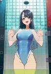 1girl :d bare_arms bare_shoulders black_hair blue_one-piece_swimsuit breasts competition_swimsuit cowboy_shot earrings highres indoors jewelry joy-con kabu_(niniko2ko) large_breasts long_hair looking_at_viewer one-piece_swimsuit open_mouth original pixel_art red_eyes shower_(place) shower_head smile solo swimsuit very_long_hair 