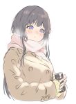  1girl bang_dream! black_hair blush breath can canned_coffee coat highres long_hair purple_eyes scarf shirokane_rinko sketch solo sou_(user_hgyh8775) upper_body white_background winter_clothes 