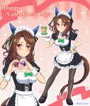  1girl alternate_costume animal_ears apron breasts brown_hair cleavage commentary_request food full_body heart heart_hands horse_ears horse_girl horse_tail king_halo_(umamusume) looking_at_viewer maid_apron maid_headdress medium_breasts medium_hair pantyhose plate red_eyes seki_(hyokosho) simple_background solo sweets tail twitter_username umamusume 