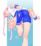  absurdres blue_eyes feet foot_focus highres hime_cut hip_vent leg_up manon_(street_fighter) pink_hair soles spandex spread_toes staerk steam steaming_body stirrup_legwear street_fighter street_fighter_6 sweat thick_lips toeless_legwear toes wristband 